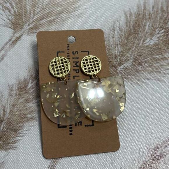 Gold Flake Resin Half Moon Dangle Earrings Grid Stud Post - Picture 2 of 3
